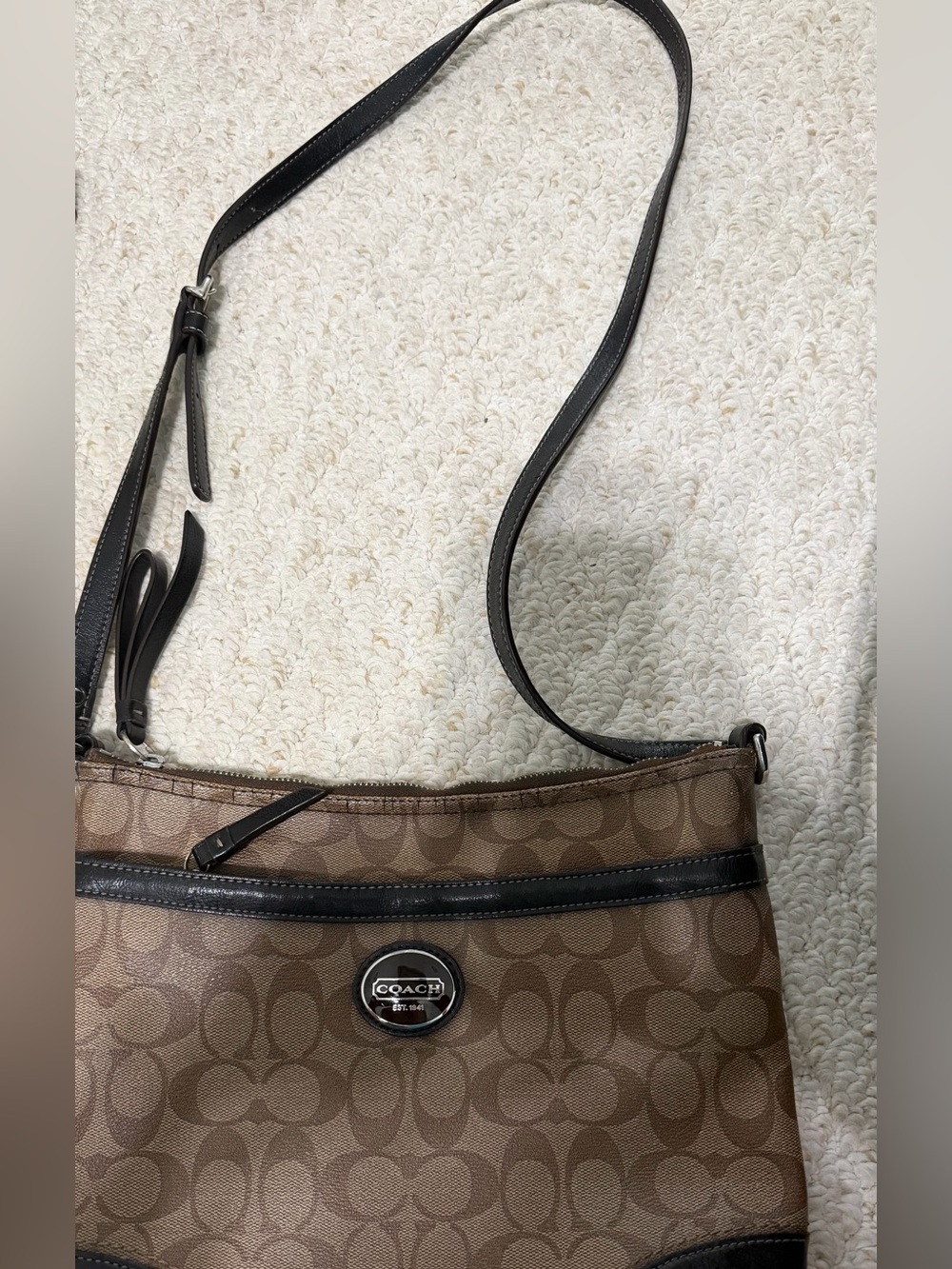 Coach Brown Signature Canvas Crossbody with Black Leather Trim